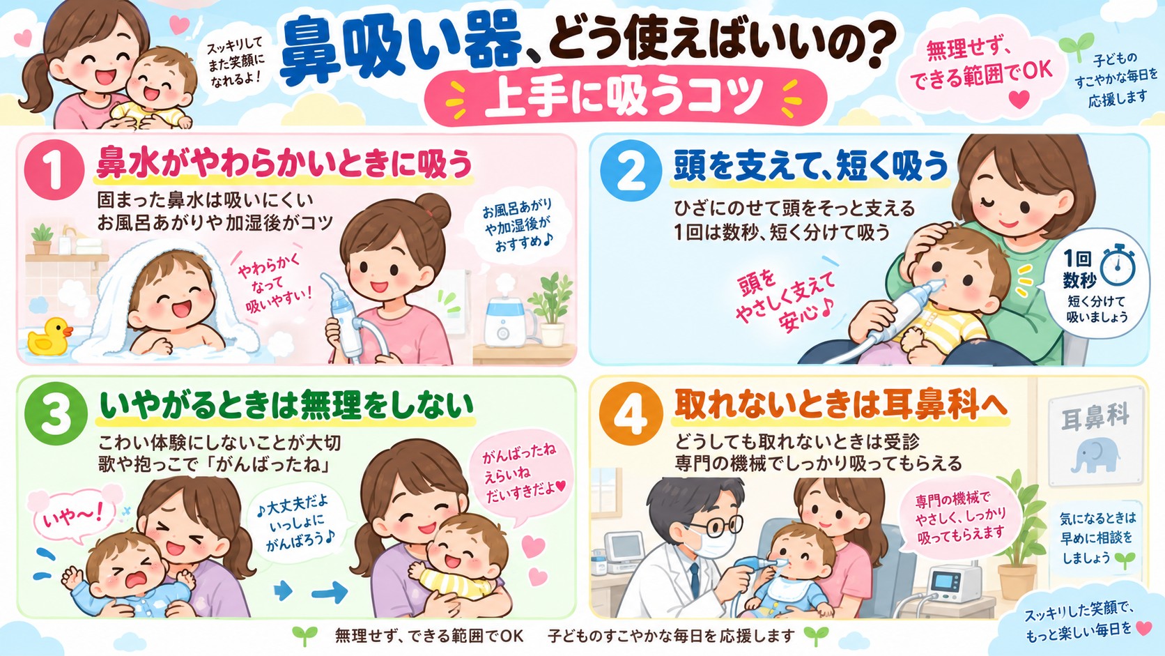鼻吸い器、どう使えばいいの?上手に吸うコツの図解