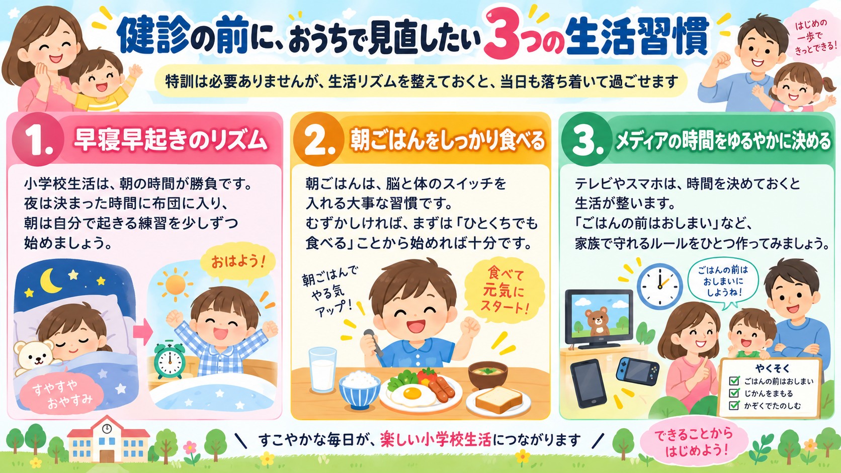健診の前に、おうちで見直したい3つの生活習慣の図解