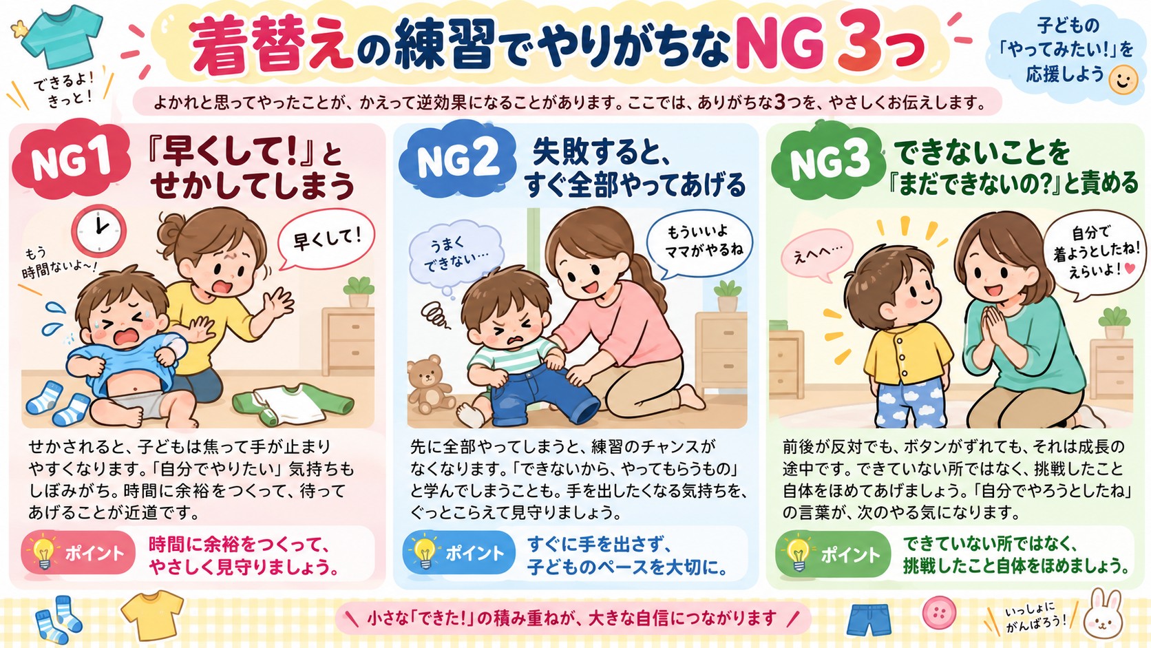 着替えの練習でやりがちなNG 3つの図解