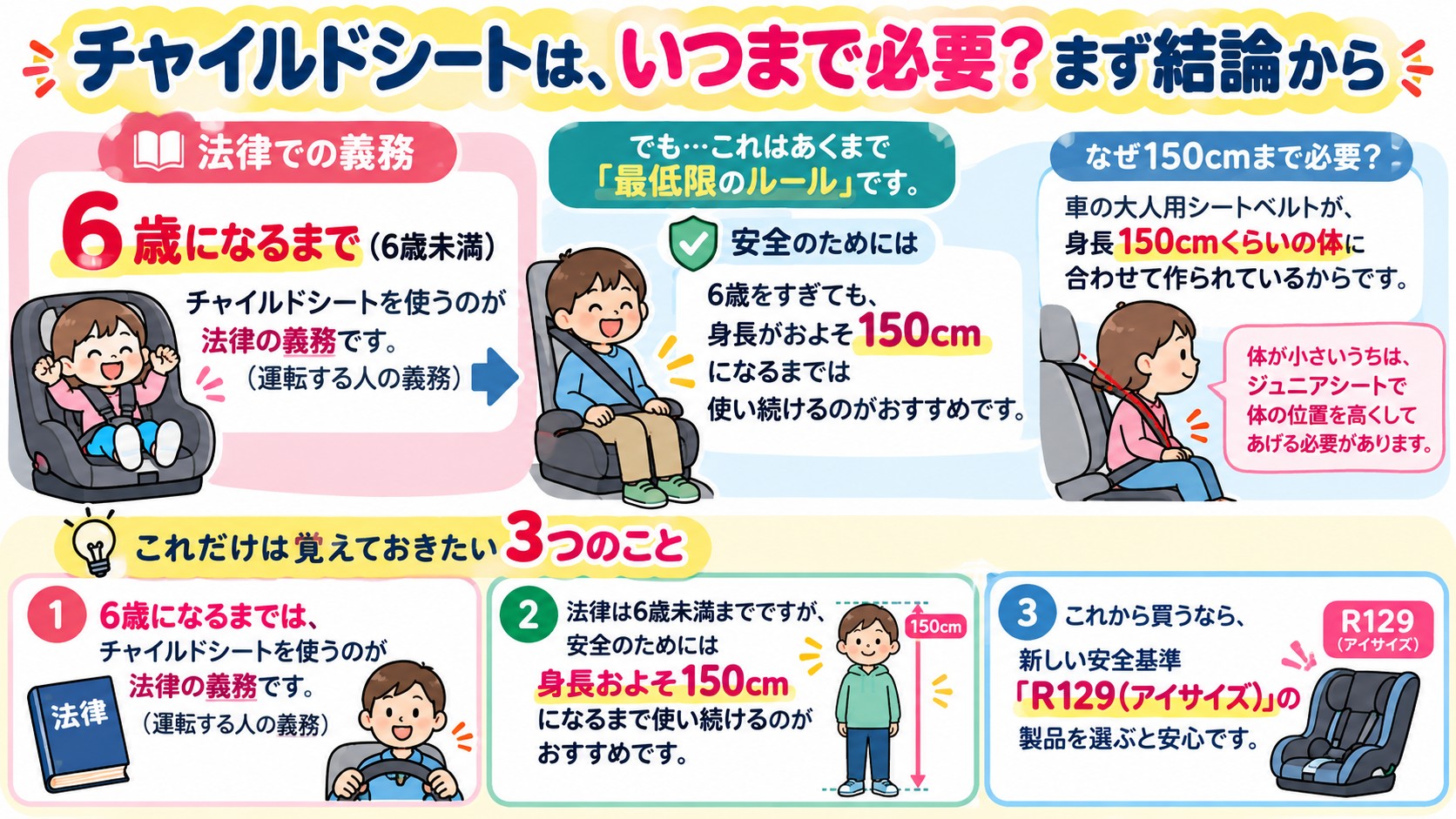 チャイルドシートは、いつまで必要?まず結論からの図解