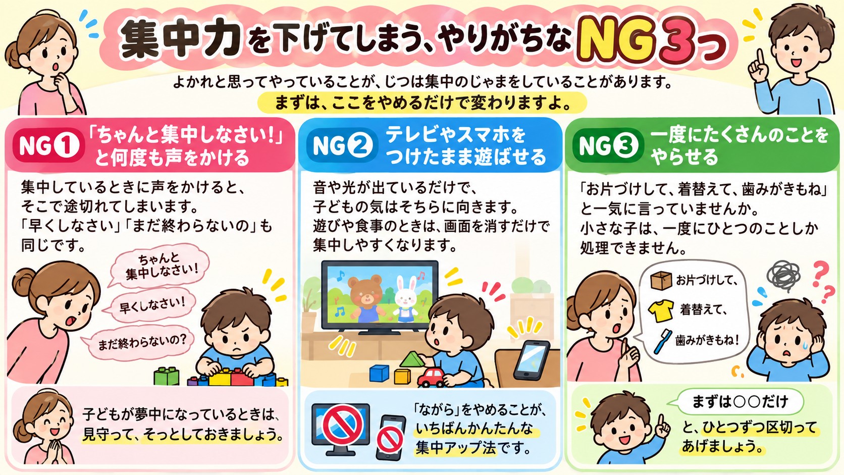 集中力を下げてしまう、やりがちなNG3つの図解