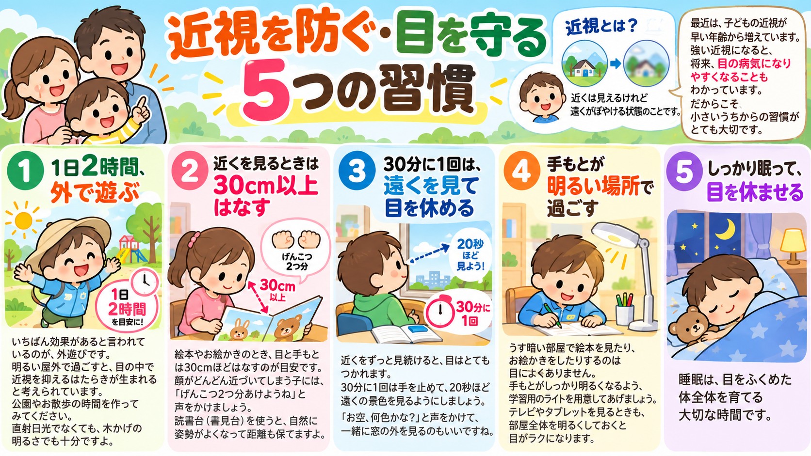 近視を防ぐ・目を守る5つの習慣の図解