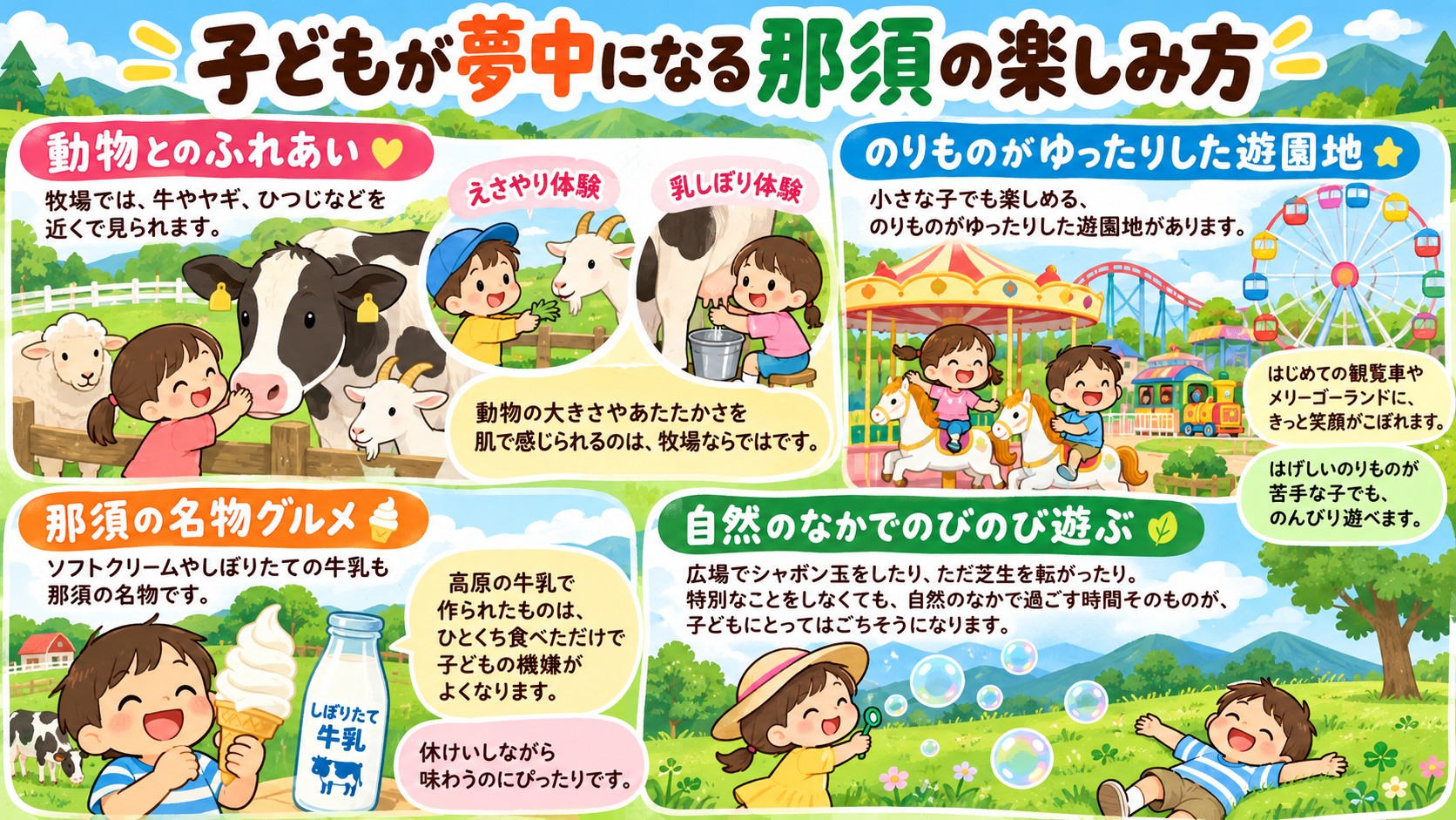 子どもが夢中になる那須の楽しみ方の図解