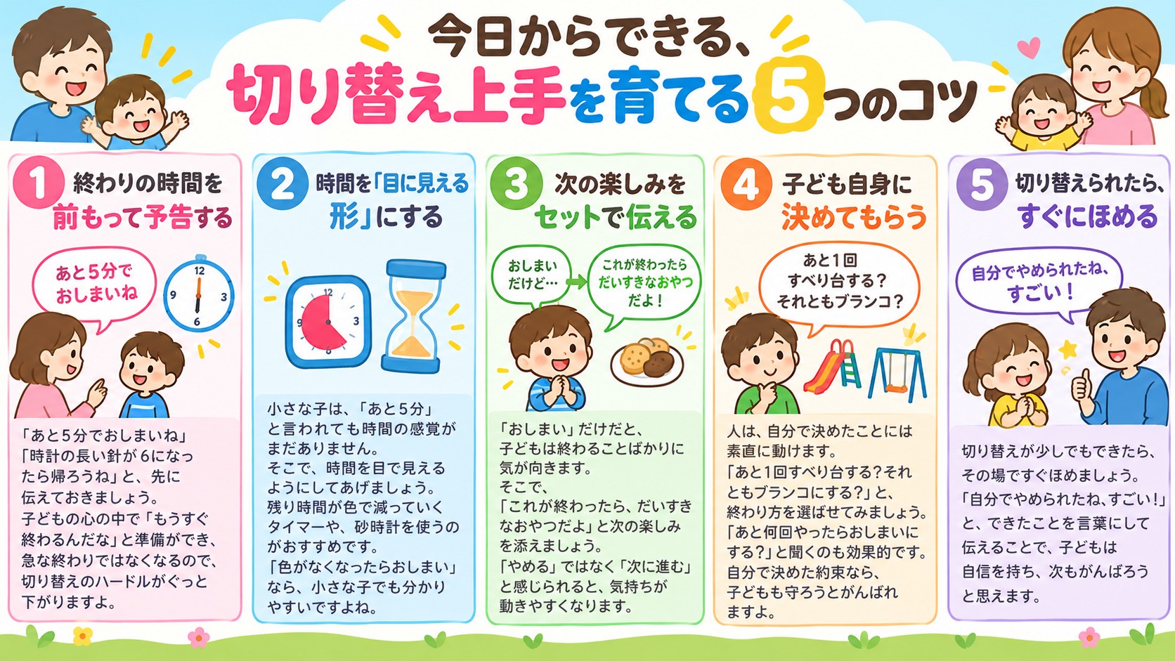 今日からできる、切り替え上手を育てる5つのコツの図解