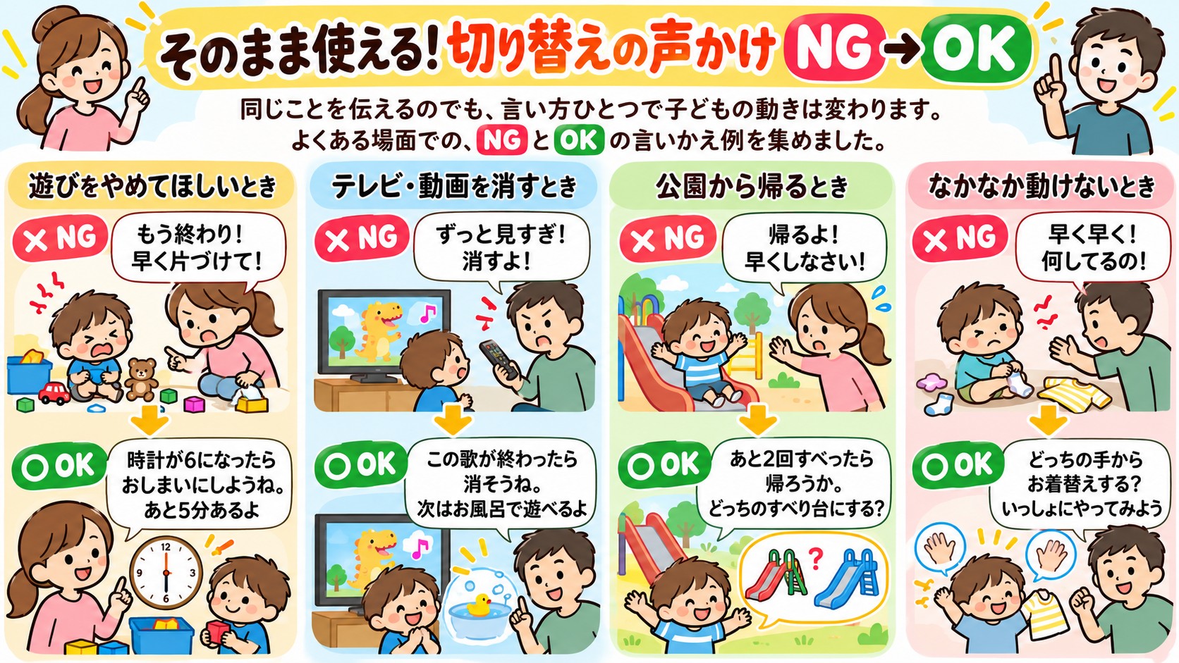そのまま使える!切り替えの声かけ NG→OKの図解