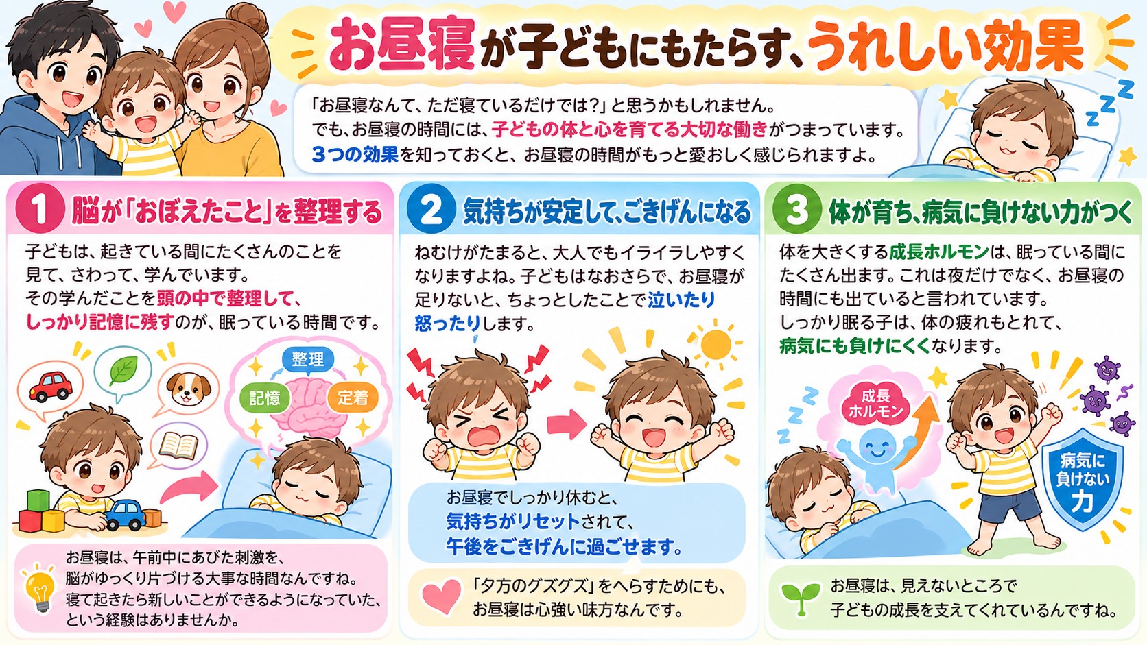 お昼寝が子どもにもたらす、うれしい効果の図解