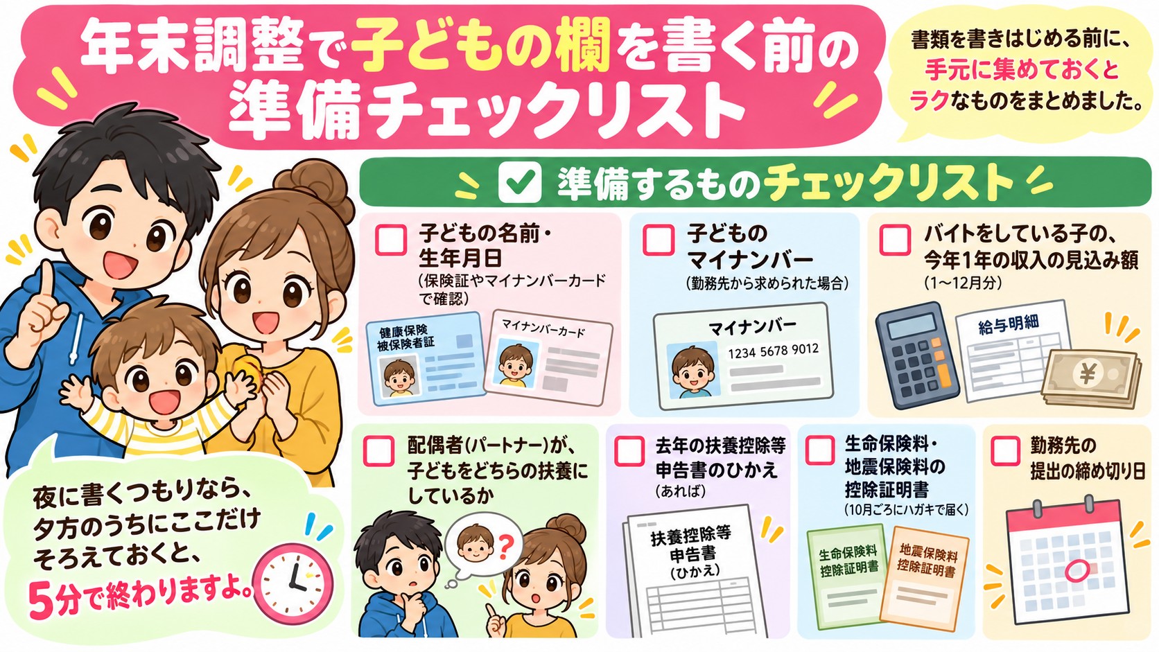 年末調整で子どもの欄を書く前の準備チェックリストの図解