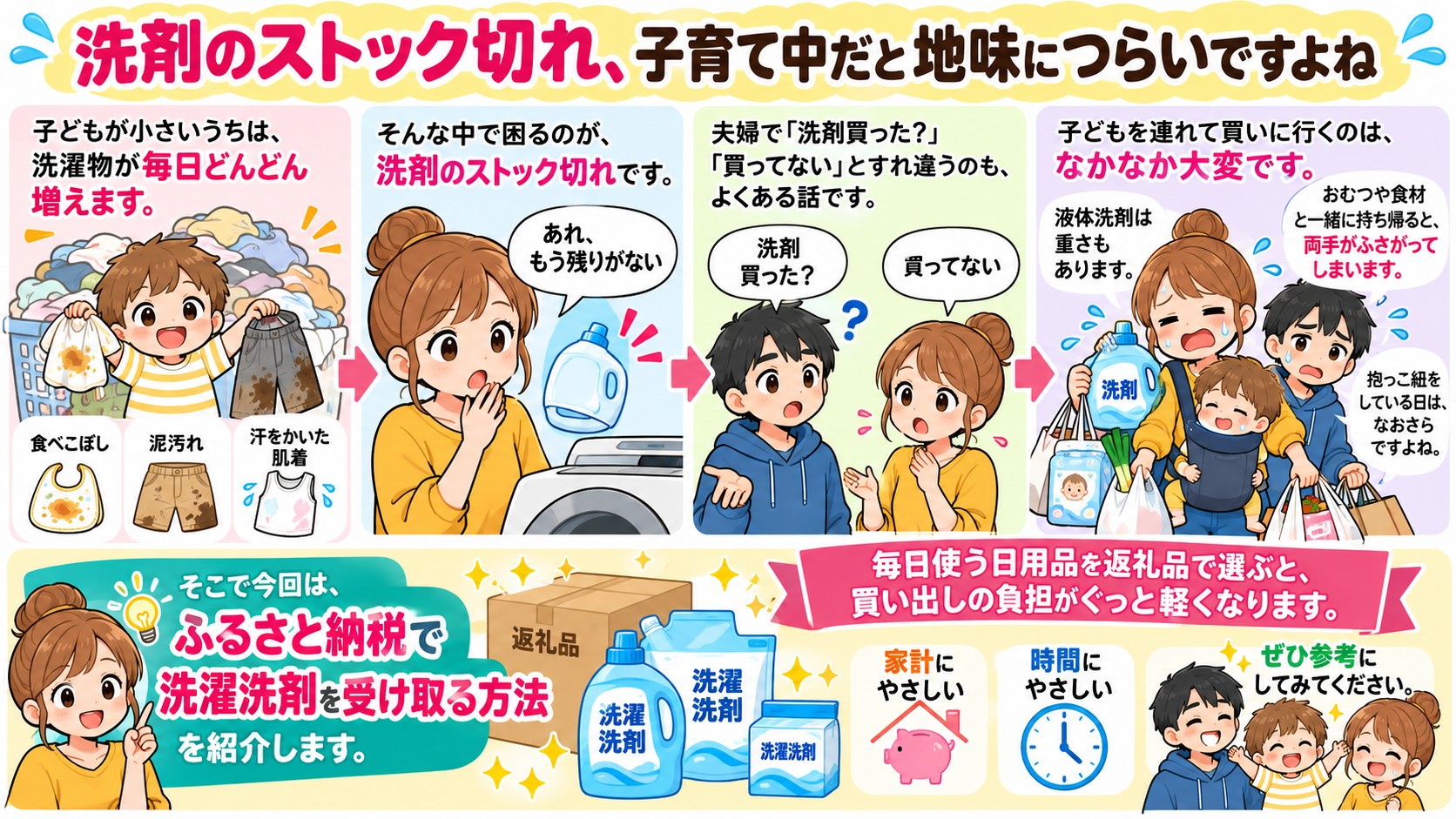 洗剤のストック切れ、子育て中だと地味につらいですよねの図解