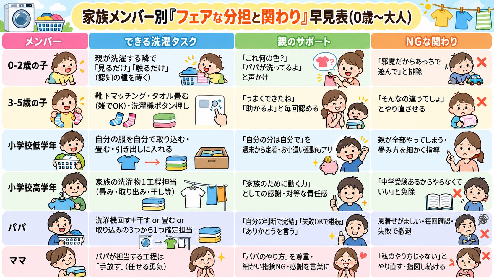 家族メンバー別『フェアな分担と関わり』早見表(0歳〜大人)の早見表イラスト