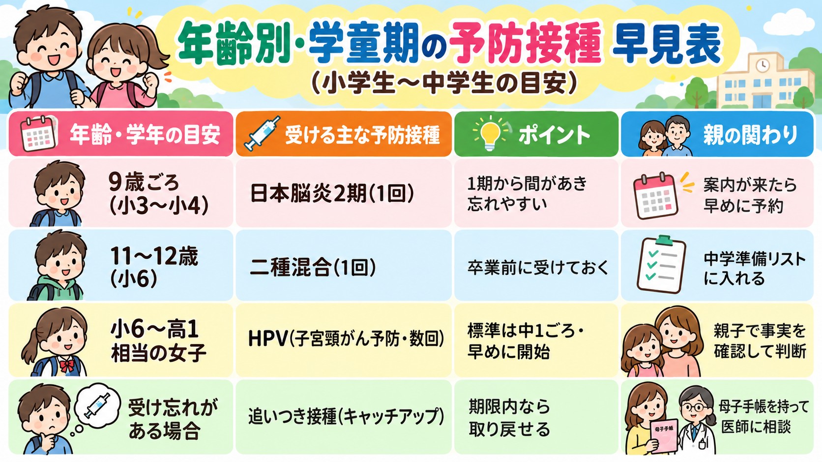 年齢別・学童期の予防接種 早見表(小学生〜中学生の目安)の早見表イラスト