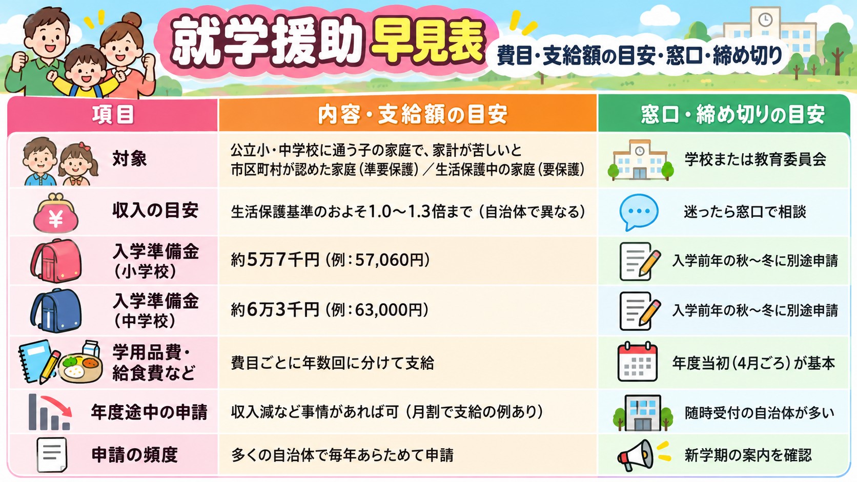 就学援助 早見表——費目・支給額の目安・窓口・締め切りの早見表イラスト