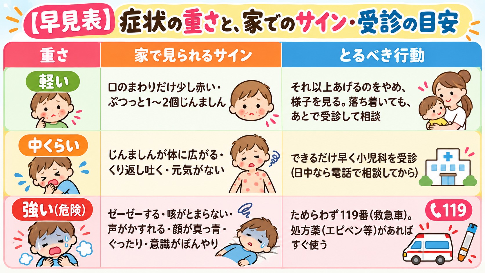 【早見表】症状の重さと、家でのサイン・受診の目安の早見表イラスト